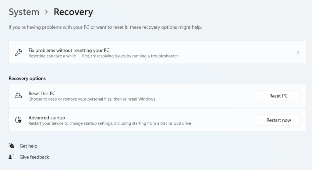 System Recovery page