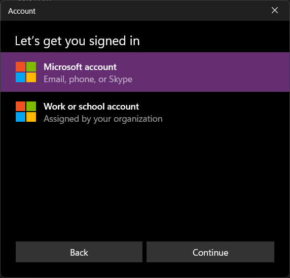 Microsoft Account Type Selection Page